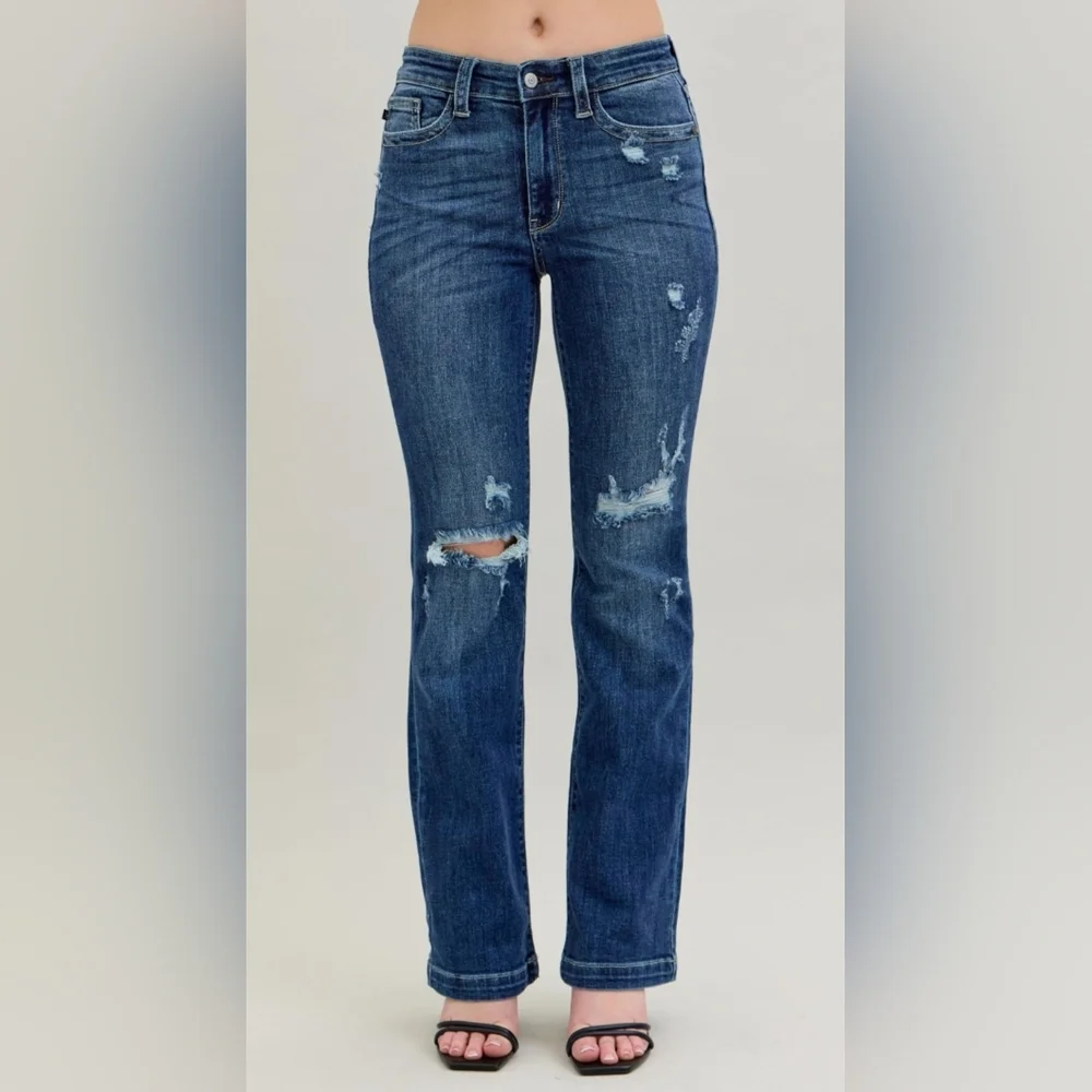 Judy Blue Mid Rise Dark Wash Hand Sand Distressed Bootcut Denim Jeans 13/31 NEW - Picture 3 of 16